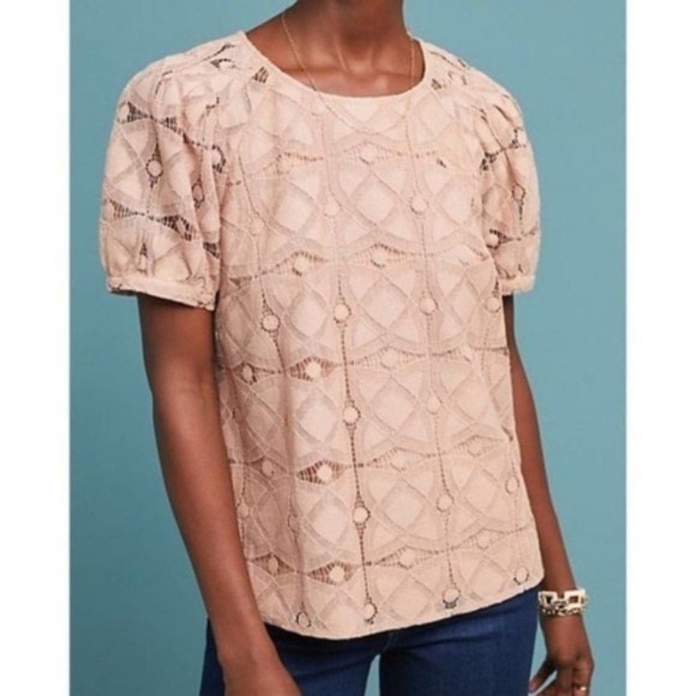 Maeve Blush Lace Puff-Sleeve Top